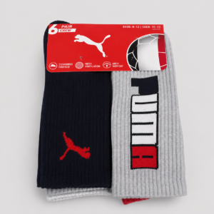 PUMA Performance Crew Socks – 6 Pair Pack with Cushioned Footbed (Black & Gray)